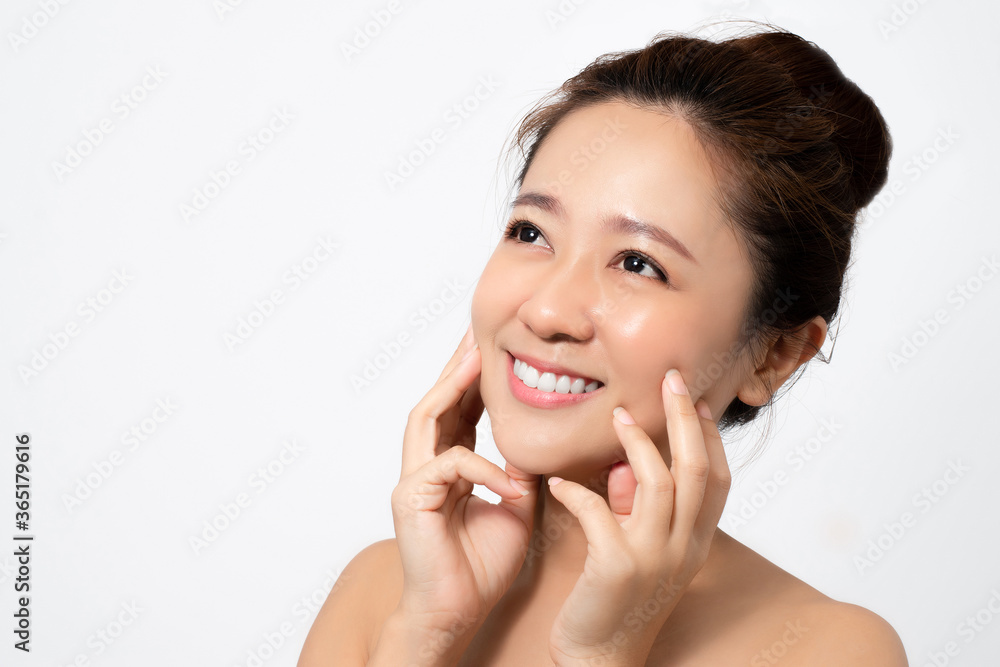 Close up face of beautiful woman asian in studio. She touches her face. Close up face of beautiful woman asian in studio. She touches her face.
