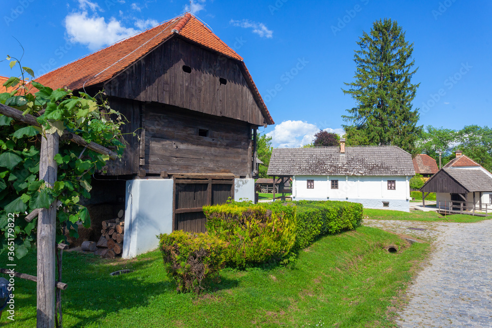 Traditional buildings of wood and rock in the village of Kumrovec, Croatia