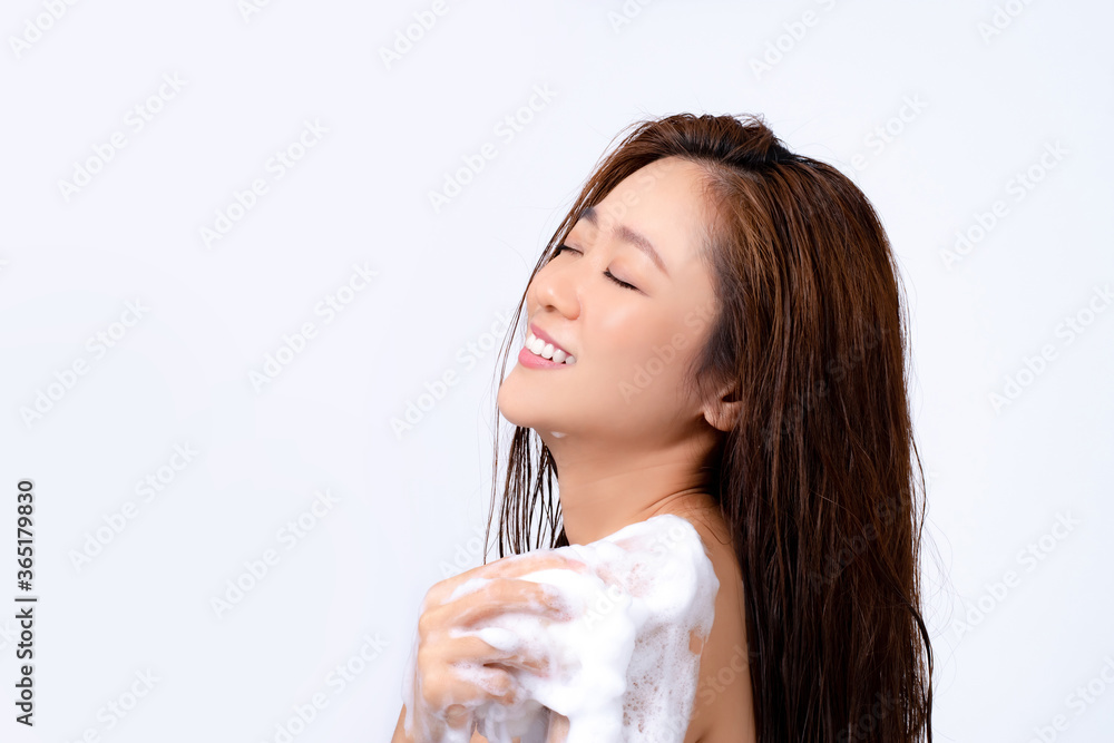 Asian beautiful women being happy with the shower on a white background. Asian beautiful women being happy with the shower on a white background.