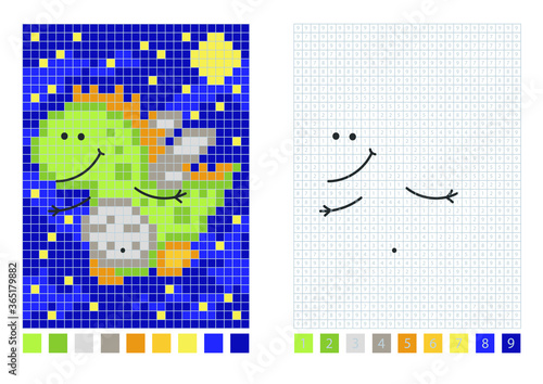 Night dinosaur pixel cartoon coloring page by numbers, vector illustration