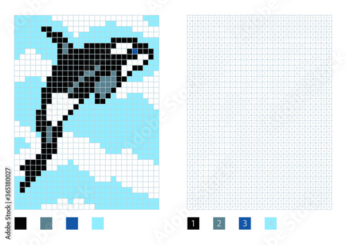 Pixel killer whale cartoon in the coloring page with numbered squares, vector illustration