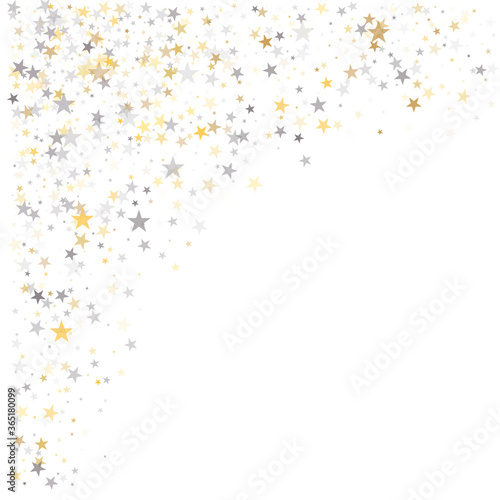Gold and silver stars background, sparkling christmas lights confetti falling isolated on white. magic shining Flying stars glitter cosmic backdrop, sparkle vector border