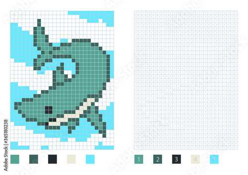 Pixel shark cartoon in the coloring page with numbered squares, vector illustration © green_pear