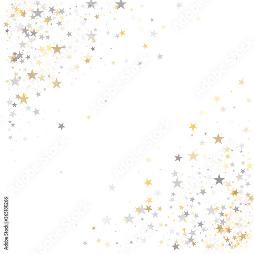 Gold and silver stars background  sparkling christmas lights confetti falling isolated on white. magic shining Flying stars glitter cosmic backdrop  sparkle vector border