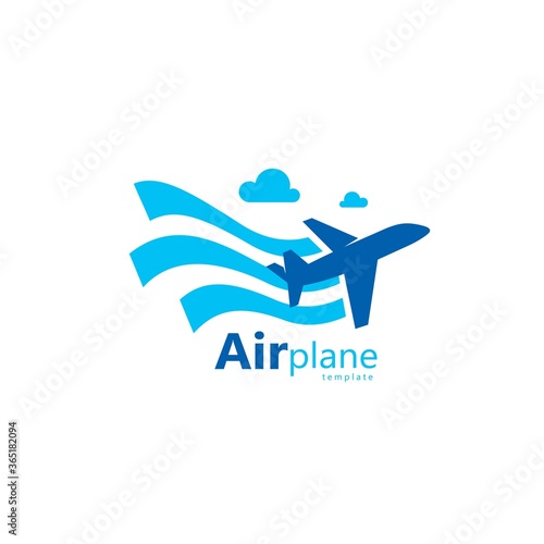 Airplane logo blue stripes flag and plane takeoff and clouds