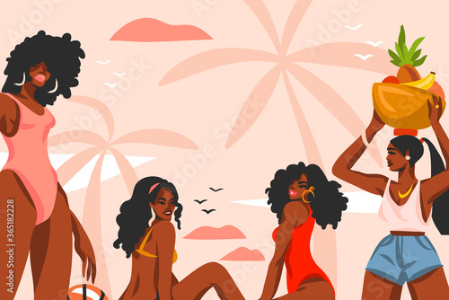 Hand drawn vector abstract stock flat graphic illustration with young ,happy black afro american beauty women group in swimsuit on sundown view scene on the beach isolated on pink pastel background