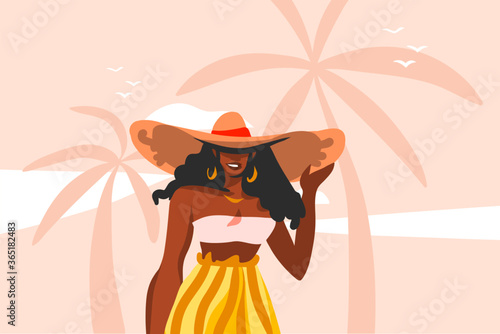 Hand drawn vector abstract stock flat graphic illustration with young ,happy black afro american beauty woman in swimsuit on sundown view scene on the beach isolated on pink pastel background