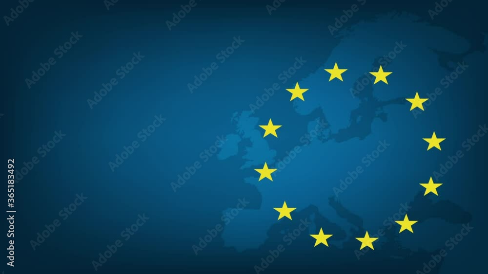Flag of European Union and map of Europe background. Eu sign. Animation Flag of European Union and map of Europe background. Eu sign. Animation