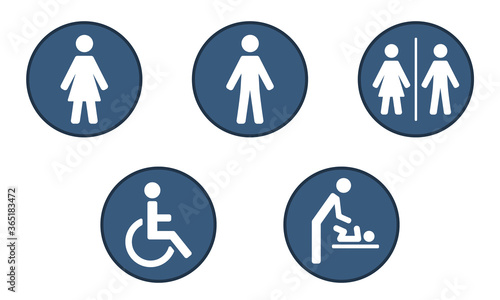 Vector set of bathroom or restroom labels or signs for men, women, unisex, handicap and baby changing station. Icons are blue circles with white symbols depicting a man, woman, wheelchair and baby.