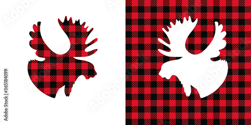 .Moose head buffalo plaid  set. Vector illustration woodland  animal . Lumberjack  clipart.