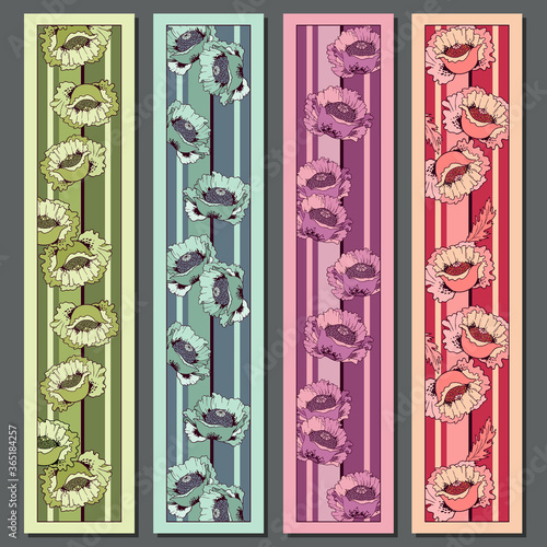Set of four poppies flowers bookmarks