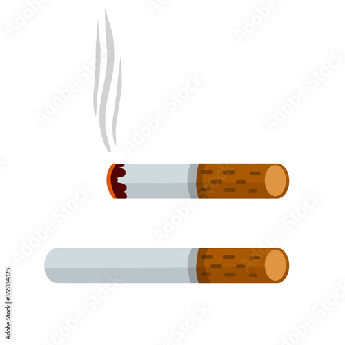Cigarette. Smoking and a cigarette butt with smoke. Bad habit. Set of Horizontal objects. Harm and health. Flat cartoon illustration isolated on white