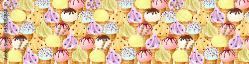 Vector seamless border background with hand drawn ice creams with different flavors and decoration. 