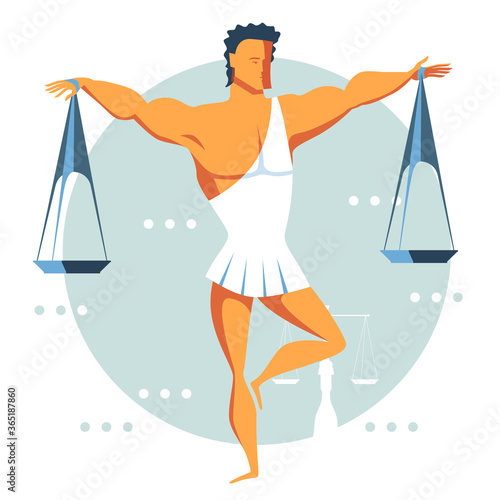 Cute athletic man dressed in a toga balances on one leg and holds the scales with his arms wide apart. A symbol of balance, equality and justice. Libra astrology zodiac sign. Vector flat design icon.