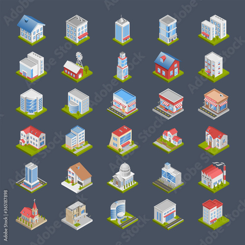Graphic mall, Buildings, Isometric 3D icons.