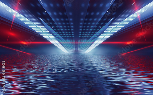 Abstract dark futuristic background. Neon rays of light are reflected from the water. Background of empty stage show, beach party. 3d illustration © MiaStendal