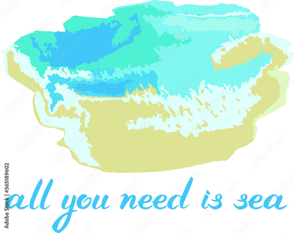 Obraz premium Vector set abstact spot : blue and beige colors looks like sea wave with foam and sand , hand written lettering . Summer design for card. poster, flyer about vacations or travel.