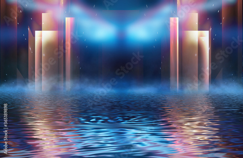 Fototapeta Naklejka Na Ścianę i Meble -  Abstract dark futuristic background. Neon rays of light are reflected from the water. Background of empty stage show, beach party. 3d illustration