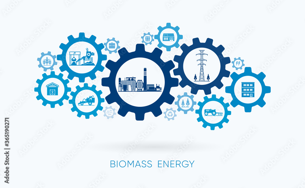 biomass energy, biomass power plant with gear icon biomass energy, biomass power plant with gear icon