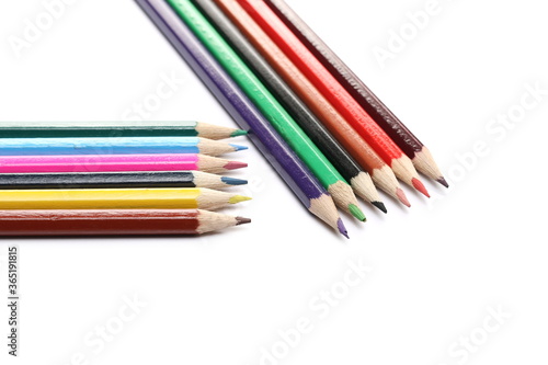 Colorful pencils set arrangement, row isolated on white background