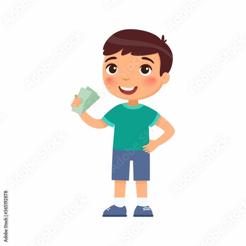 Little boy with money in hand flat vector illustration. Rich happy child holding banknotes cartoon character. Earnings savings, profit, income. Wealthy kid with cash isolated on white