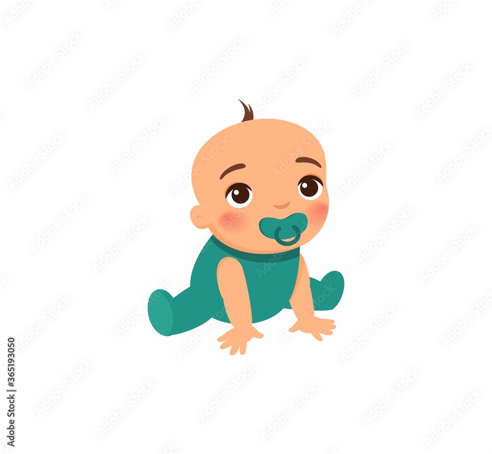 Little cute baby in green clothes. Baby with a pacifier in his mouth. Cartoon character. Flat vector illustration.. Little cute baby in green clothes. Baby with a pacifier in his mouth. Cartoon character. Flat vector illustration..