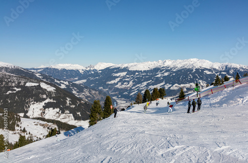 " Blue" ski slope for beginners in Austrian winter resort.