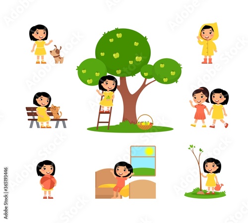 Little asian girl is spending time in the countryside. The concept of summer fun. Village holiday, harvesting. Cartoon character, set of flat vector illustrations
