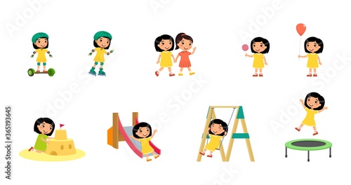 Little asian girl plays in the playground. Concept of summer entertainment. Child plays different summer games.  Sport and recreation. Cartoon character, flat vector illustration set.