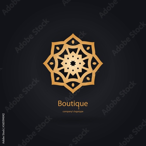 Luxury logotype in the shape of a flower for antique boutique. Gold logo, flower. Simple geometric sign. Icons, business, invitations. Volumetric golden big bud. Vintage. Islam, Arabic, Indian.
