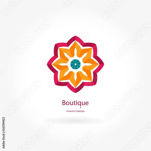 Bright and juicy beautiful circular logo for boutique, flower shop, business. Company mark, emblem, element. Simple geometric mandala logotype. Kaleidoscope big bud. Surround abstract blossom.