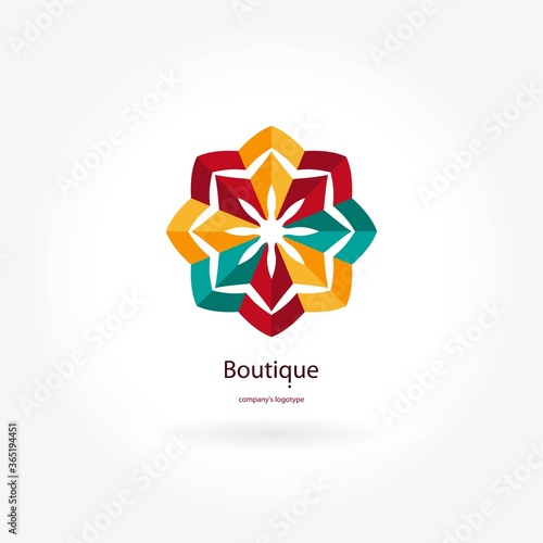 Bright and juicy beautiful circular logo for boutique, flower shop, business. Company mark, emblem, element. Simple geometric mandala logotype. Kaleidoscope big bud. Surround abstract blossom.