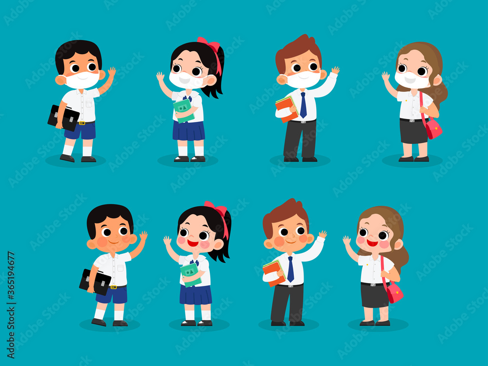 Set of Thai middle school and University student uniforms vector illustration. Wearing mask and without mask character Set of Thai middle school and University student uniforms vector illustration. Wearing mask and without mask character