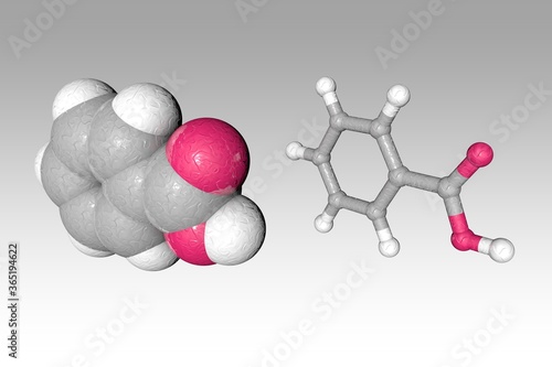 Molecular structure of benzoic acid or E210. Atoms are represented as spheres with color coding: carbon (grey), oxygen (red), hydrogen (white). Scientific background. 3d illustration photo