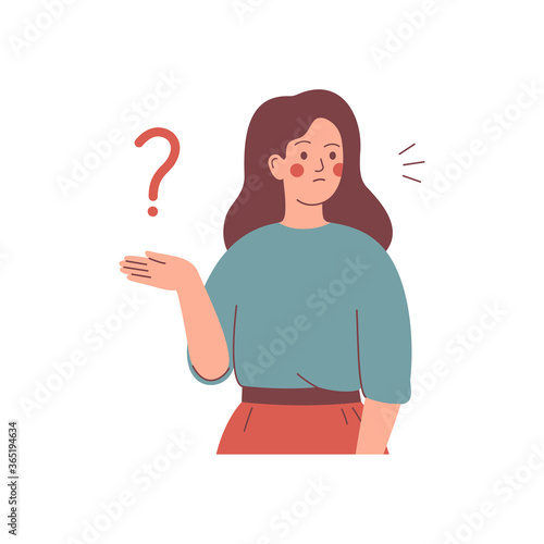 Girl thinks and has question. Woman surrounded by question mark. Flat cartoon vector illustration.