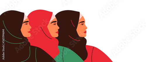 Three Arabian women are standing together. Emirati Women's day greeting card with young Muslim females wearing colorful hijabs. Vector illustration in flat style