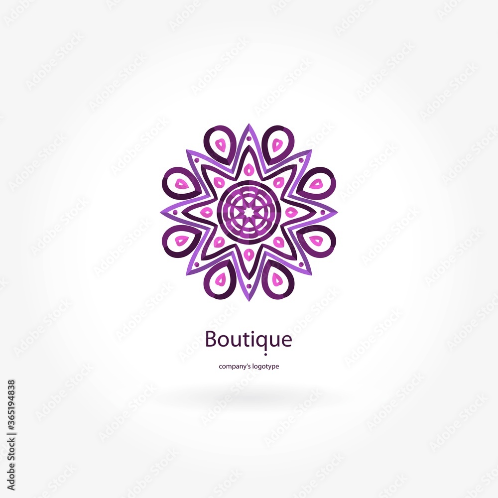 Logo with rose in pastel colors. Pink petals. Wedding mandala. Logtype for boutique, flower shop, business. Company mark, emblem, element. Kaleidoscope big bud. Surround abstract blossom. Logo with rose in pastel colors. Pink petals. Wedding mandala. Logtype for boutique, flower shop, business. Company mark, emblem, element. Kaleidoscope big bud. Surround abstract blossom.