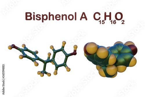 Structural chemical formula and molecular model of bisphenol A, a chemical produced for use in the production of polycarbonate plastics and epoxy resins. 3d illustration photo