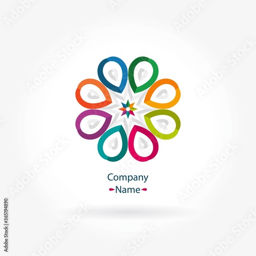 Bright and juicy beautiful circular logo for boutique, flower shop, business. Company mark, emblem, element. Simple geometric mandala logotype. Kaleidoscope big bud. Surround abstract blossom.