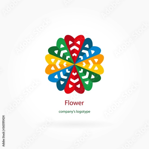 Bright and juicy beautiful circular logo for boutique, flower shop, business. Company mark, emblem, element. Simple geometric mandala logotype. Kaleidoscope big bud. Surround abstract blossom. Dark.