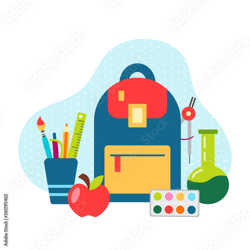 Schoolbag school supplies stuff backpack vector illustration