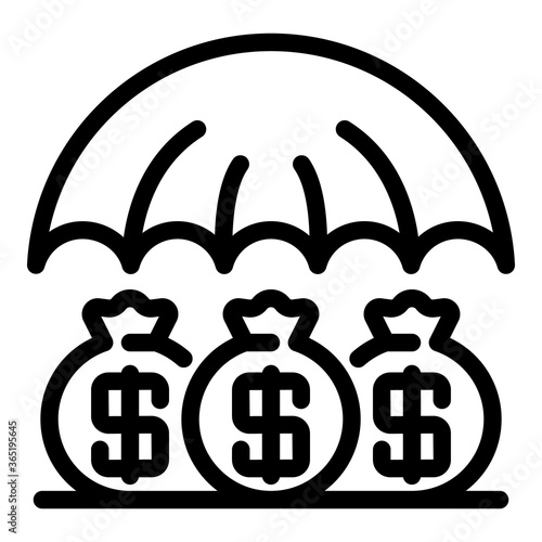 Money bag under umbrella icon. Outline money bag under umbrella vector icon for web design isolated on white background
