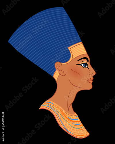 Egyptian queen Nefertiti isolated on white background. Great Royal Wife of the Egyptian Pharaoh Akhenaten. Illustration isolated vector.