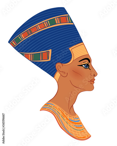 Egyptian queen Nefertiti isolated on white background. Great Royal Wife of the Egyptian Pharaoh Akhenaten. Illustration isolated vector.