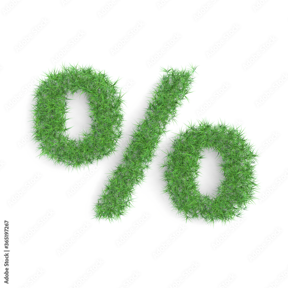Percent sign made of green grass isolated on white background, part of the set. Sustainable technology or lifestyle related 3d rendering Percent sign made of green grass isolated on white background, part of the set. Sustainable technology or lifestyle related 3d rendering
