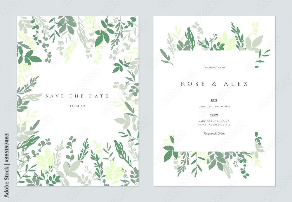 Floral wedding invitation card template design, hand drawn green floral on white