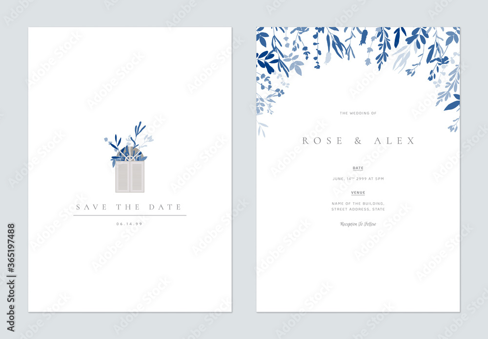 Floral wedding invitation card template design, hand drawn blue floral on white