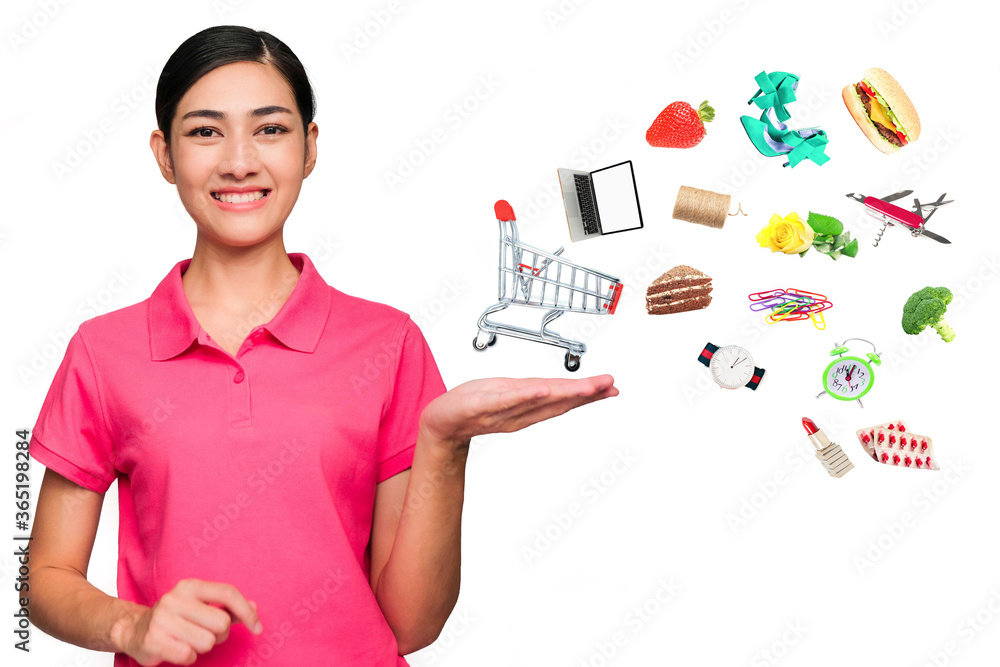 Online shopping concept, Happy young asian woman and mini funny shopping cart trolley, Delivery service and sale promotion for advertising. Online shopping concept, Happy young asian woman and mini funny shopping cart trolley, Delivery service and sale promotion for advertising.