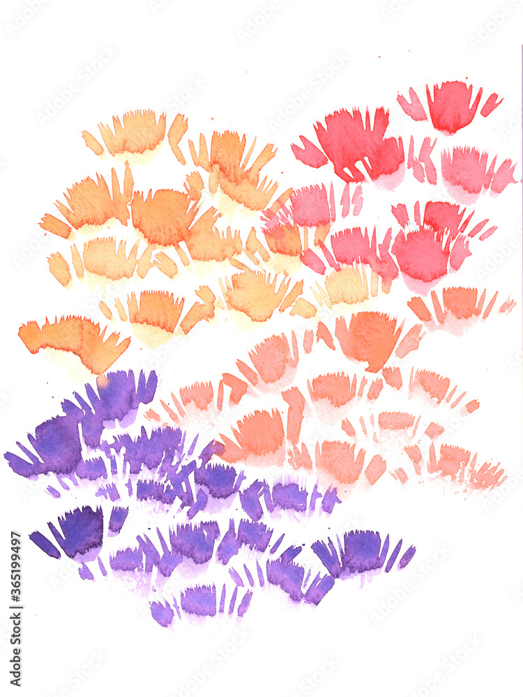 Abstract red, purple, and orange fan brush strokes watercolor isolated