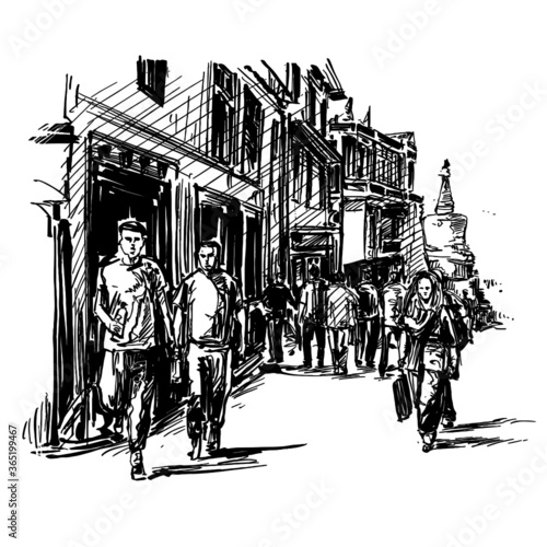 Drawing of the people are walking on street in Myanmar 